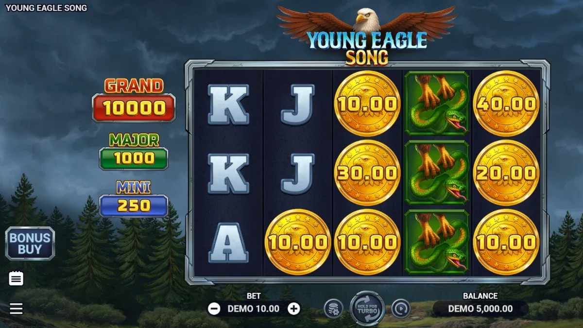 Tampilan visual slot Young Eagle Song dengan latar belakang hutan dan elang