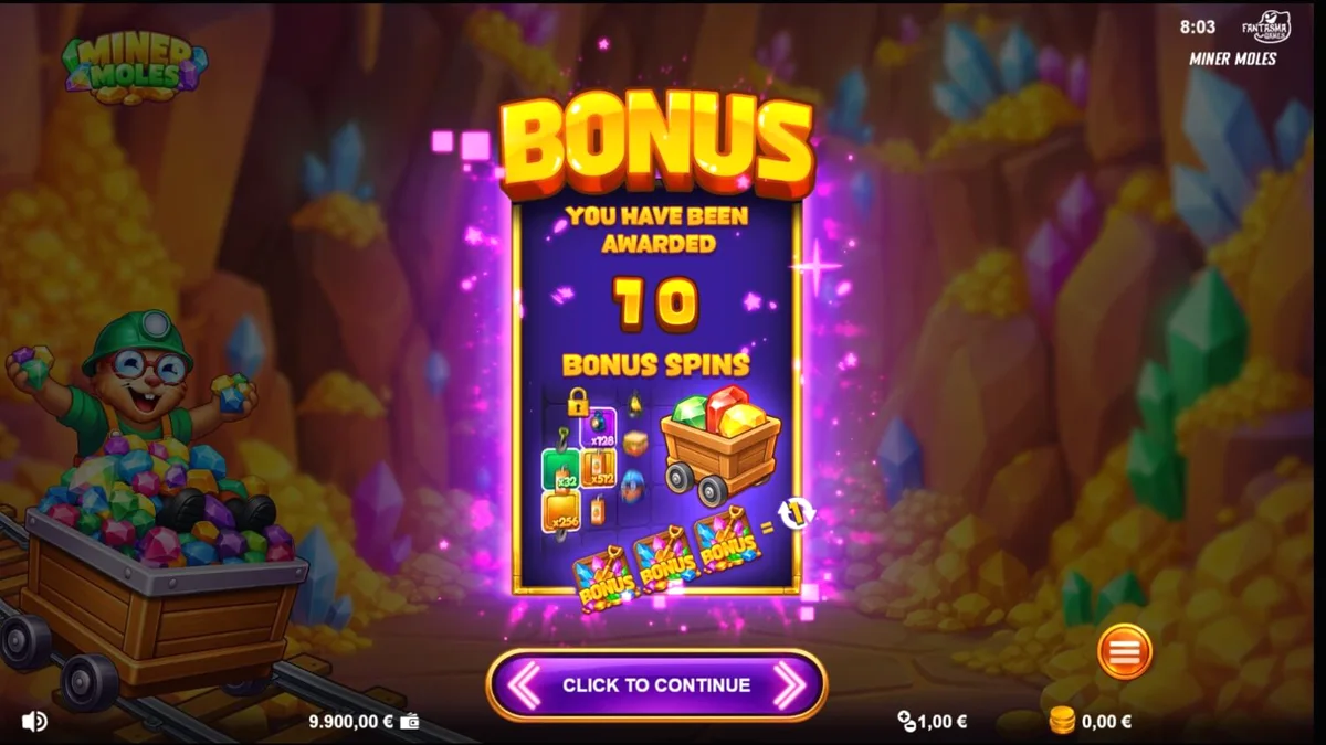 Tampilan layar permainan slot Miner Moles di perangkat mobile